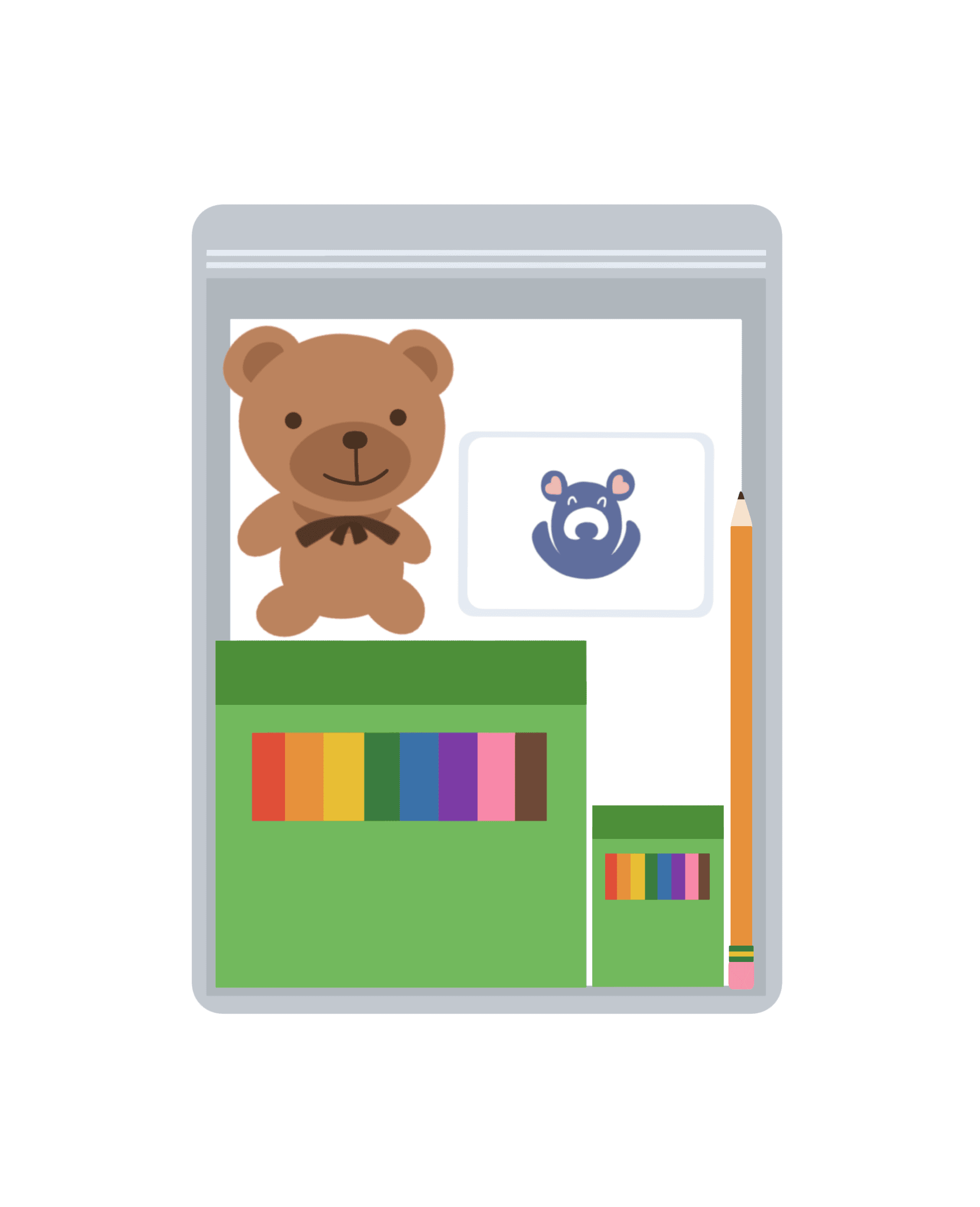 A Colors of Hope art kit with coloring supplies, a pencil, and a teddy bear
