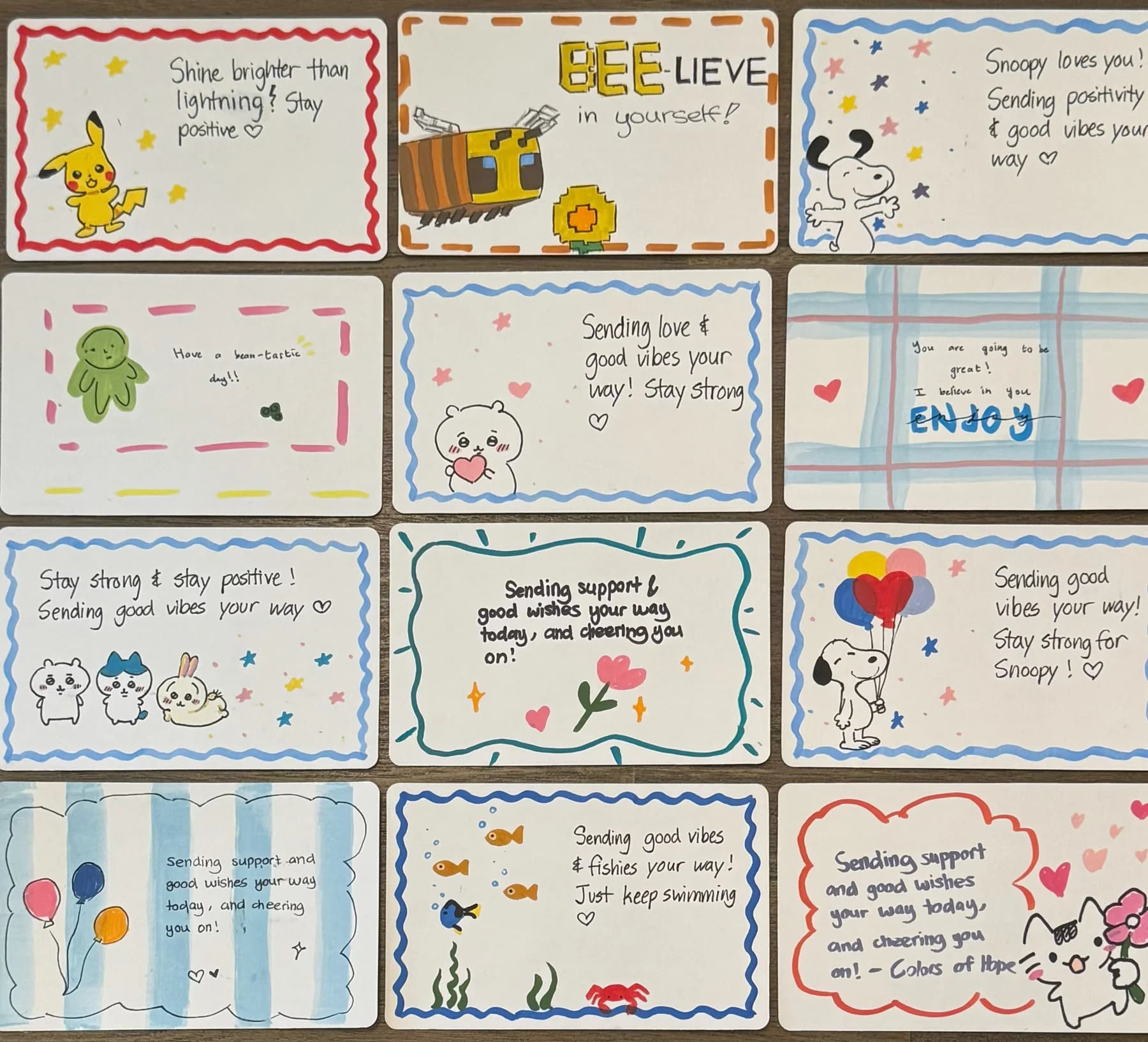 A collection of colorful handmade encouragement cards